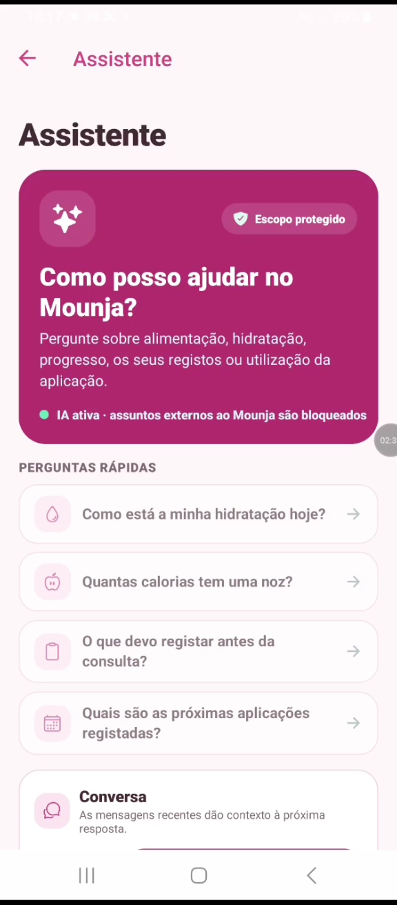 Ecrã de hidratação da Mounja com registo do consumo de água