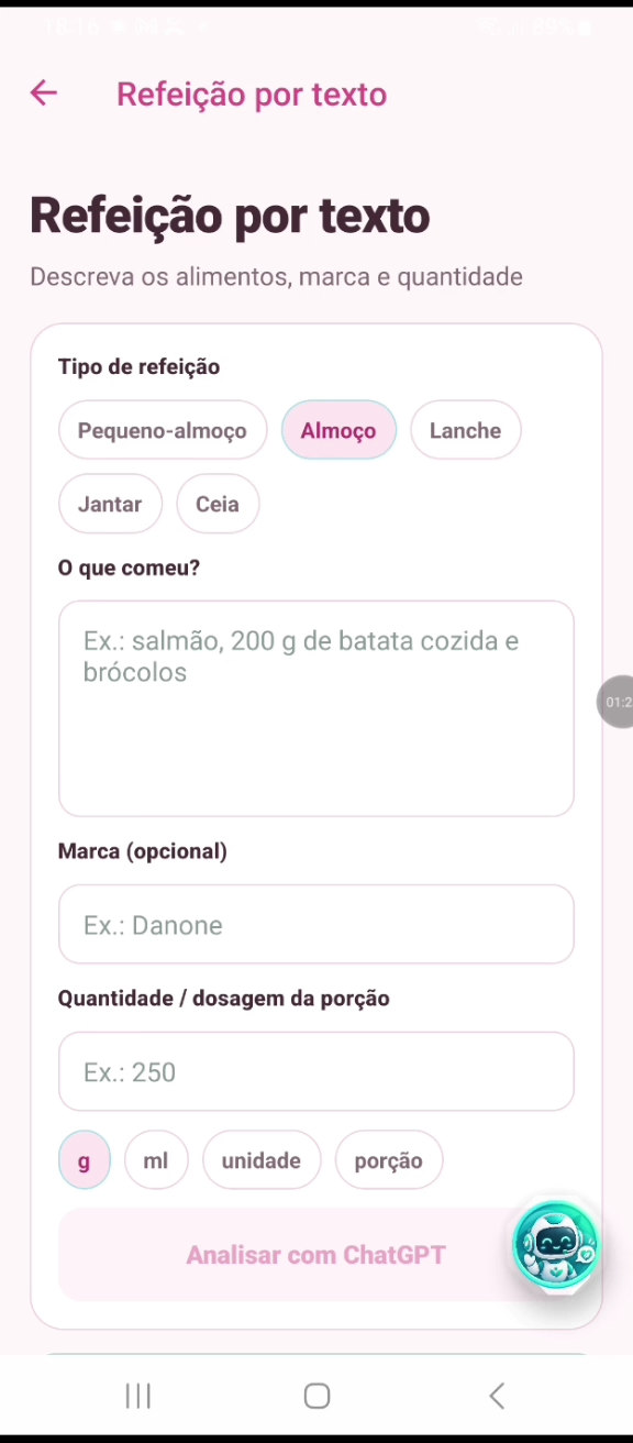 Registo de refeição por texto na Mounja